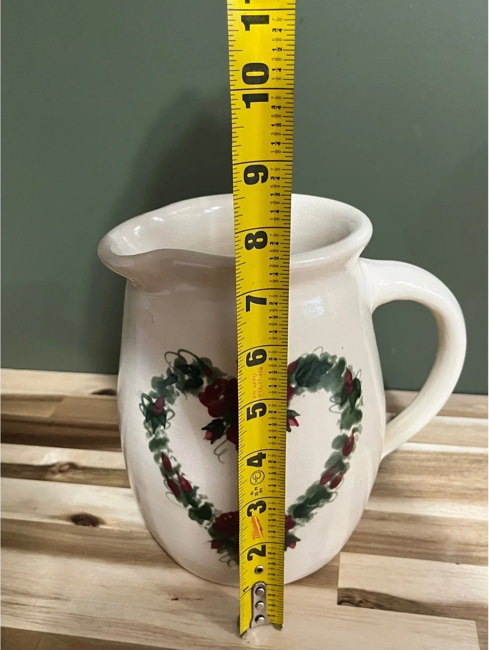 East Texas Pottery Hand-Painted Floral Heart Ceramic Pitcher, Microwave and Dish